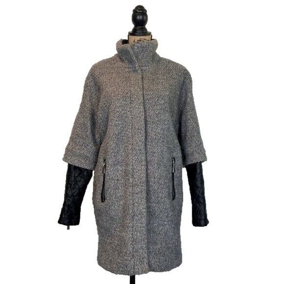 Vince Camuto Wool Blend Women's Jacket Size S Faux Leather Sleeve Mock Neck Gray - Picture 1 of 13